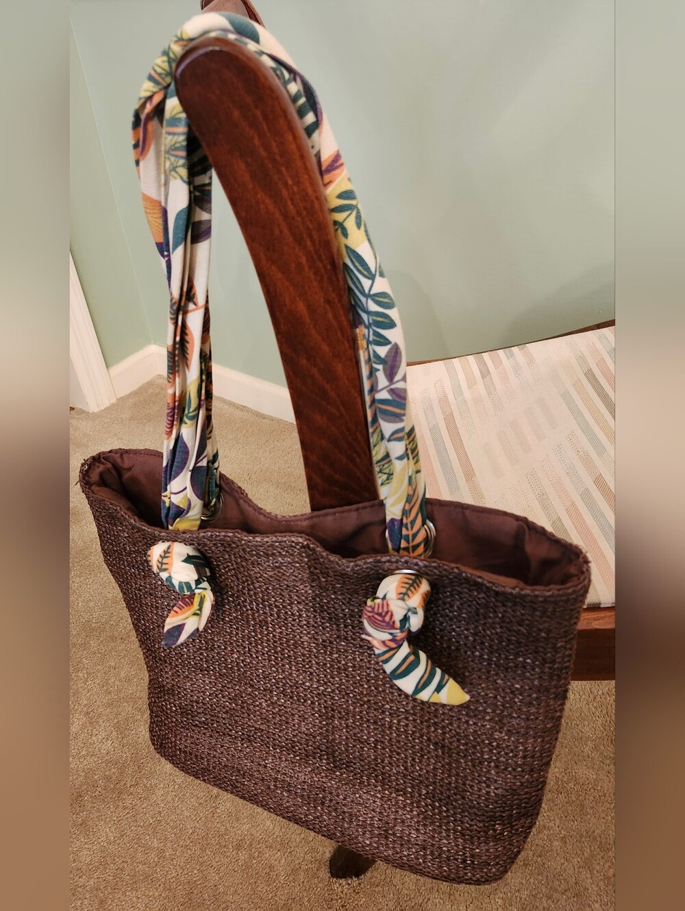 Briciano Brown Woven Tote Bag with Patterned Scarf Handles